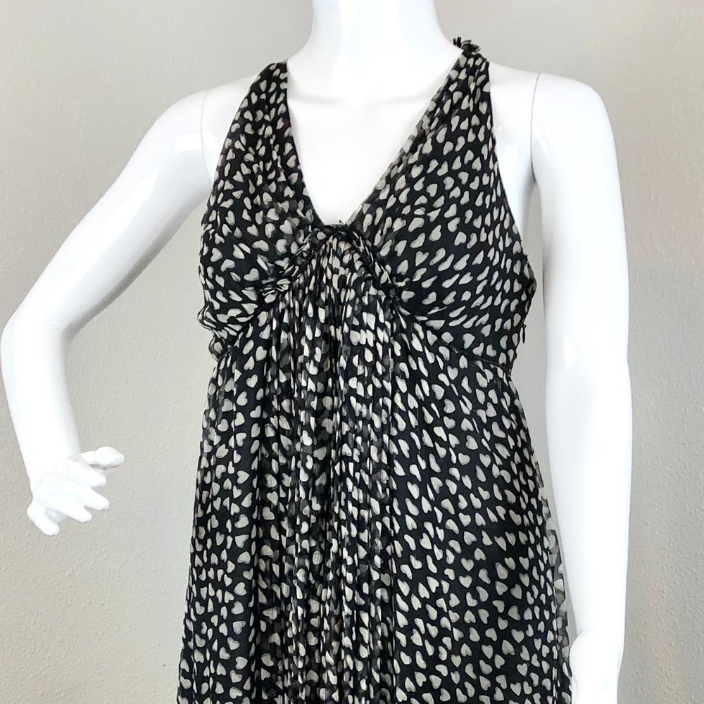 Leon Max Dress SZ 2 Black W/ White Hearts Layered Silk Chiffon Knee Length Hi Lo
